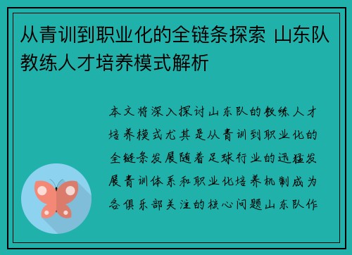 从青训到职业化的全链条探索 山东队教练人才培养模式解析